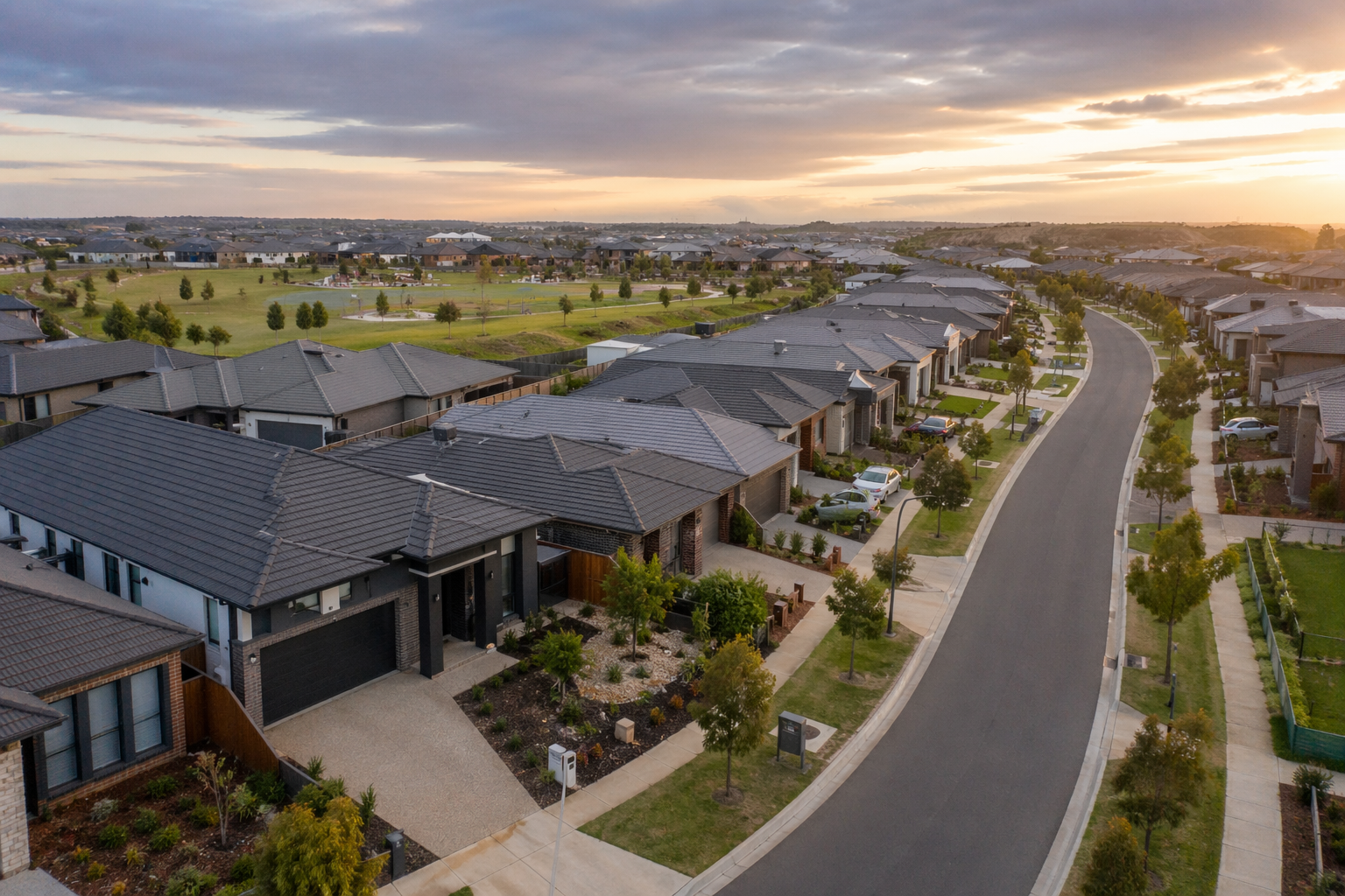ctimg4 a Cranbourne new-build estate streetscape or aerial view. Avoid stock images of generic house keys or suit-and-tie handshakes.
