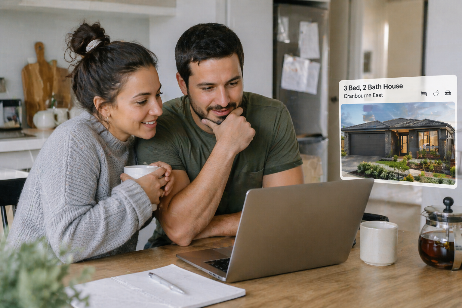 couple looking at a property listing on a laptop at a kitchen table, or a DrouinWarragul street view