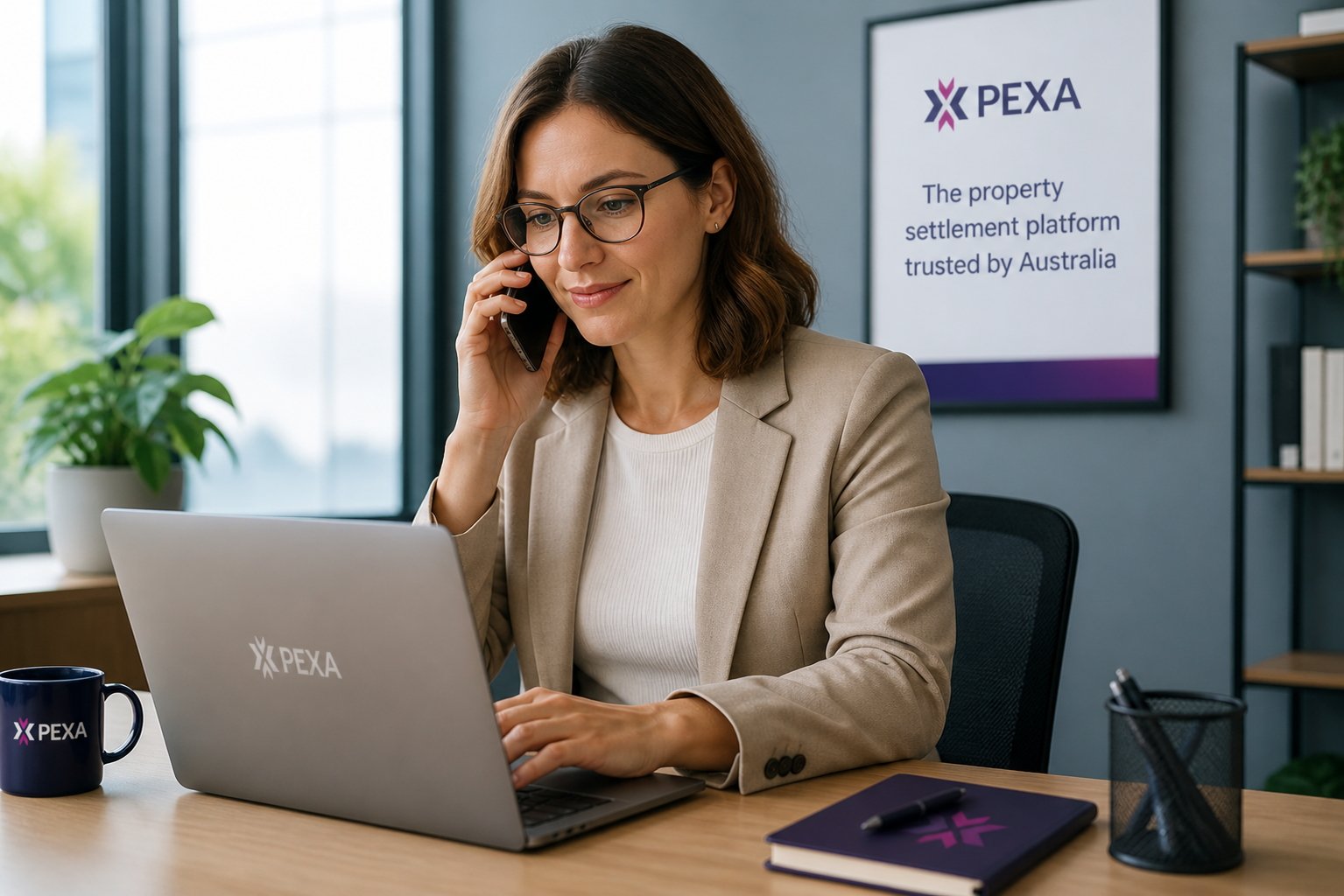 what can go wrong" section: a calm conveyancer at a desk, on the phone, with a laptop ope