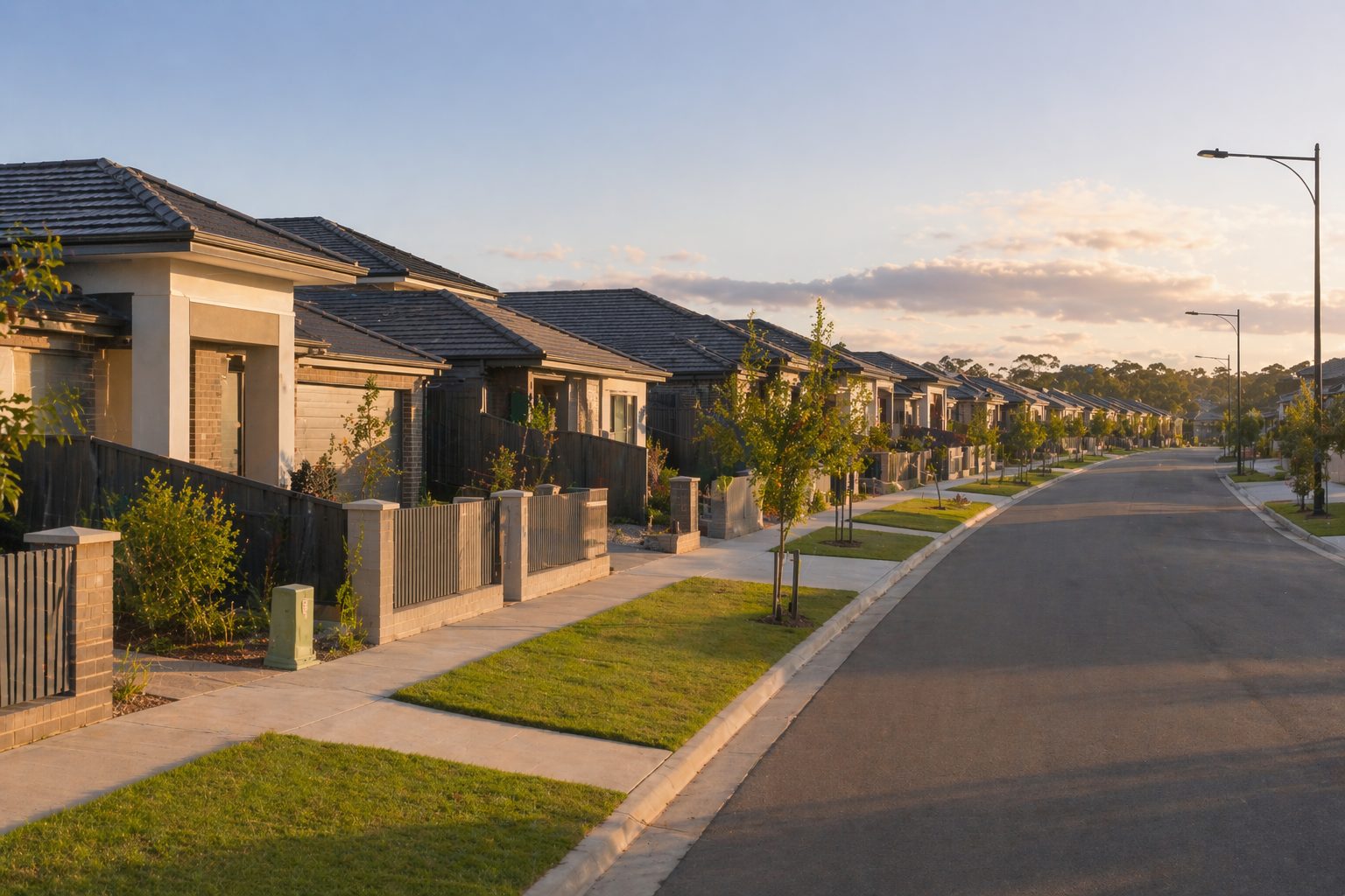 A street of newly built homes in a south east Melbourne estate, with matching rooflines, landscaped nature strips and fences of the same height.