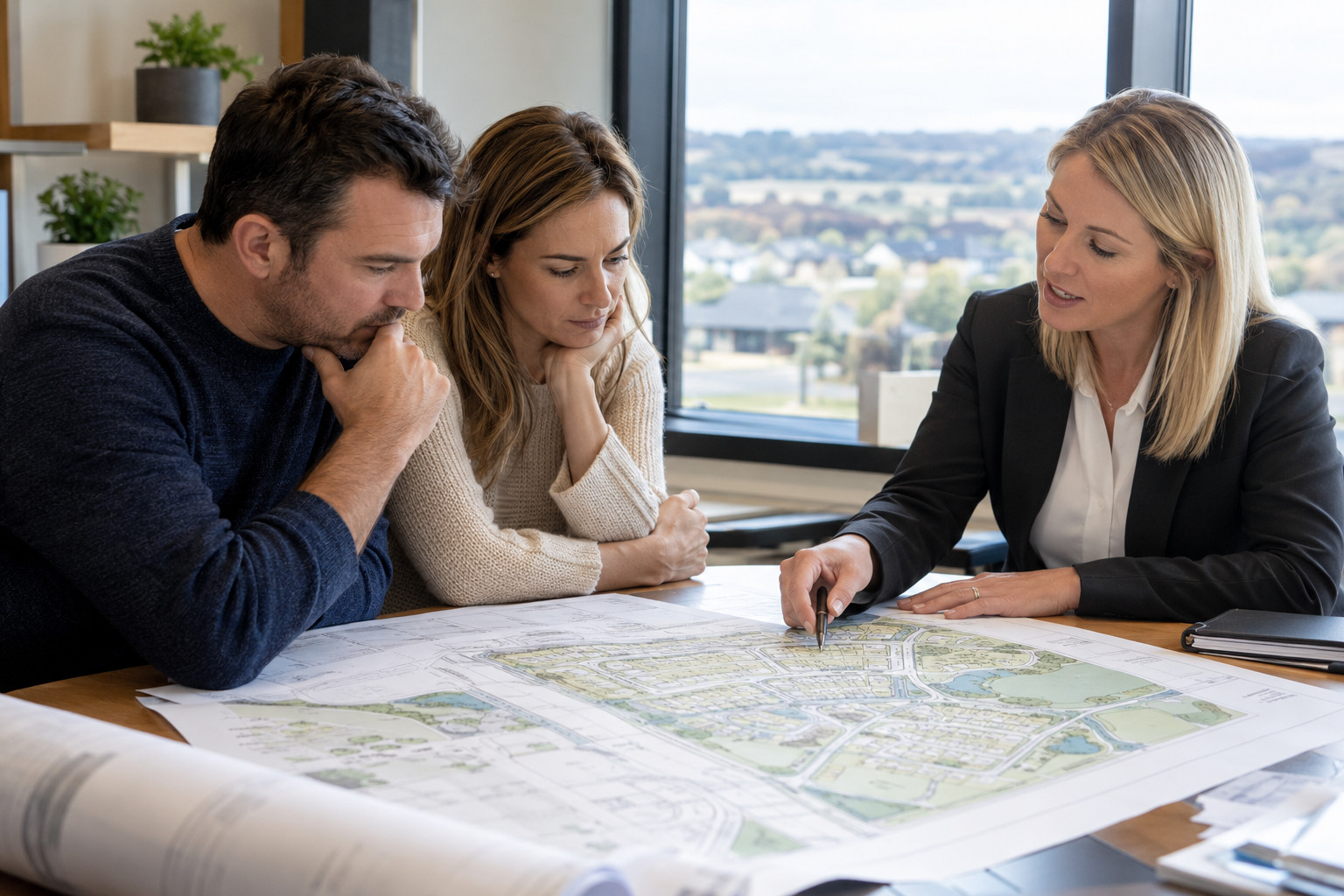 Property owners and adviser discussing a subdivision plan
