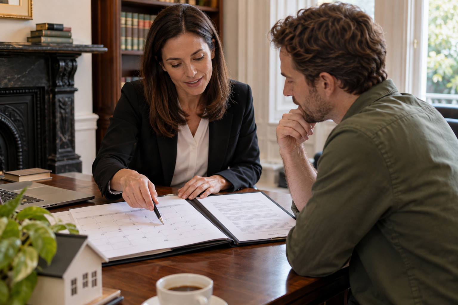 Conveyancer pointing out a revised date on a calendar to a buyer