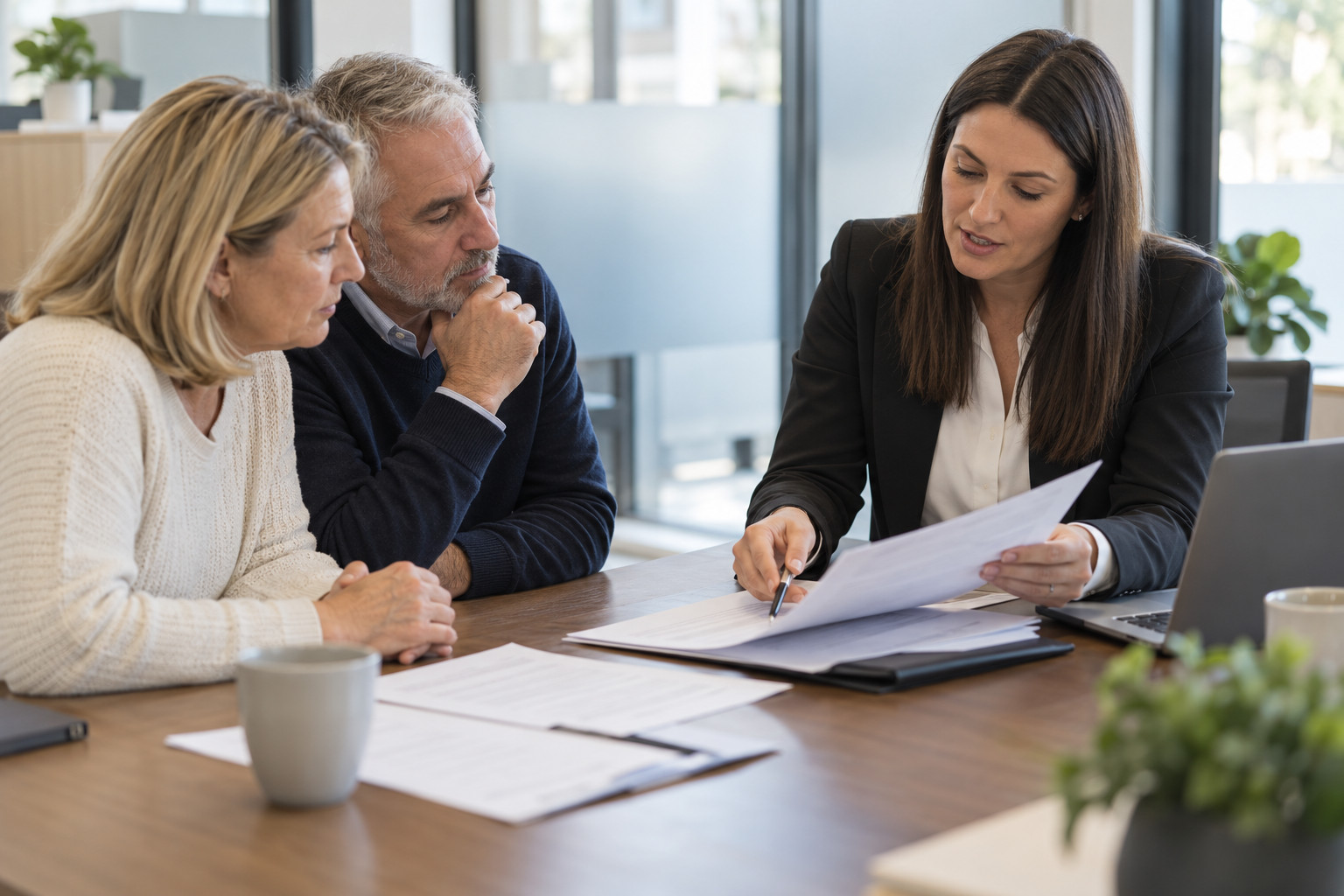 Conveyancer explaining purchaser details to two property buyers