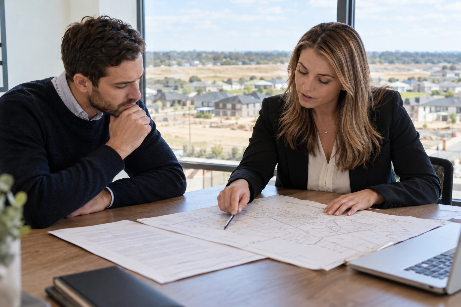 Conveyancer and buyer reviewing a subdivision plan