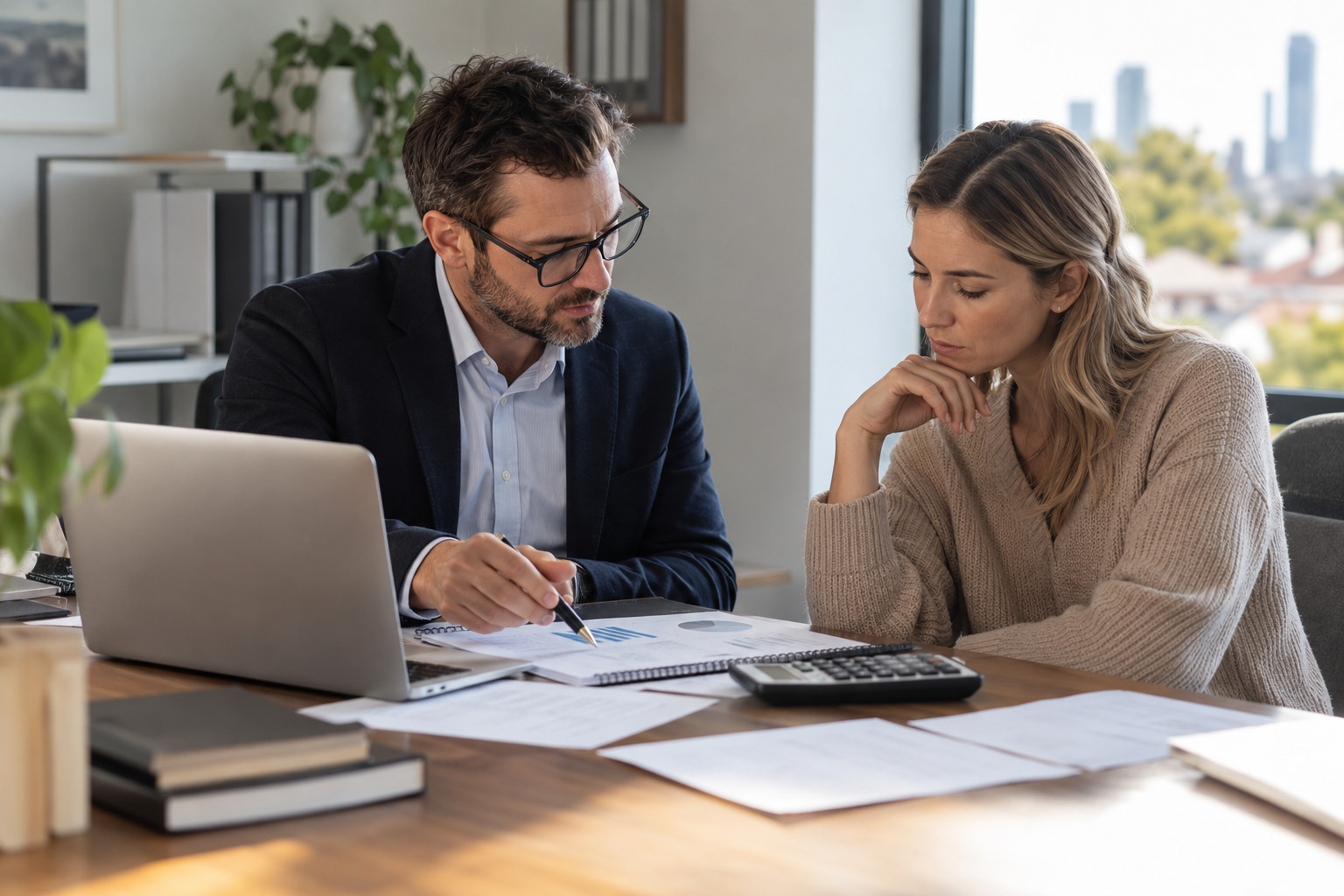Accountant and property buyer checking figures beside a calculator