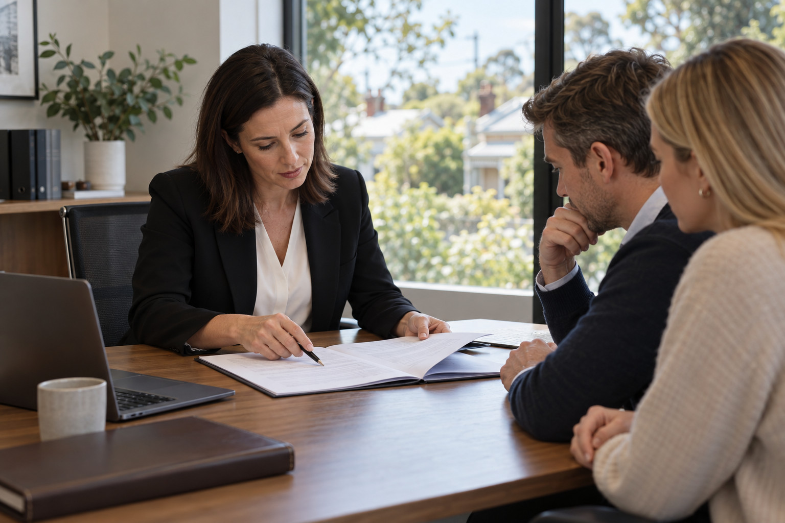 Conveyancer checking contract details with two clients before signing
