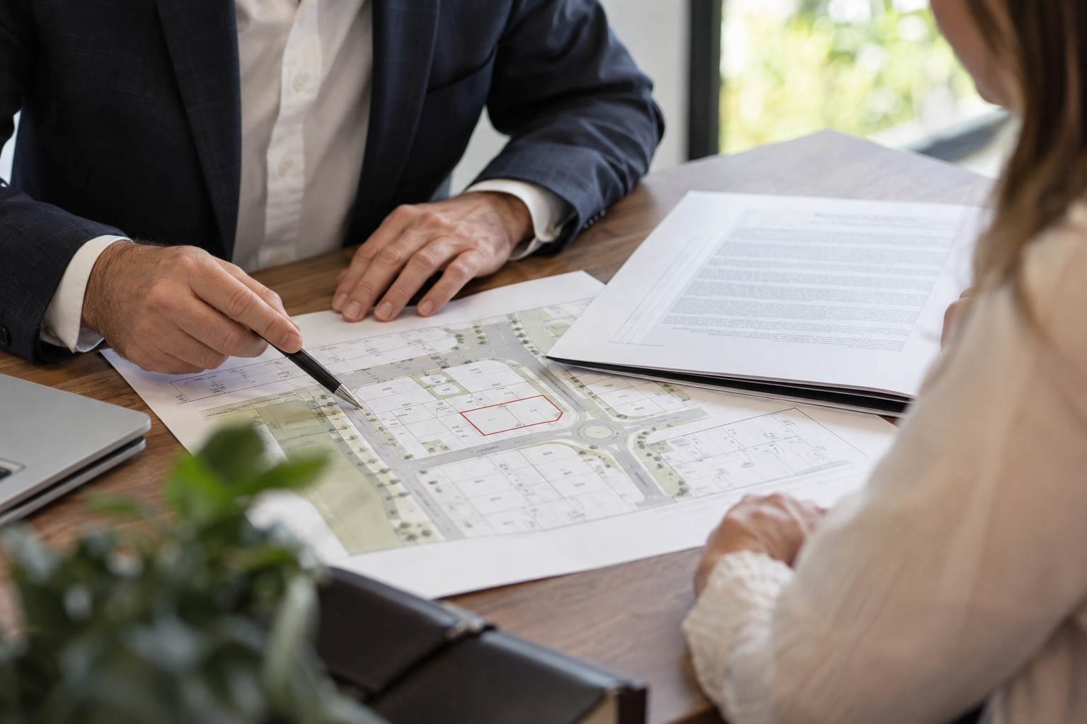 Close view of a subdivision plan and related document under review