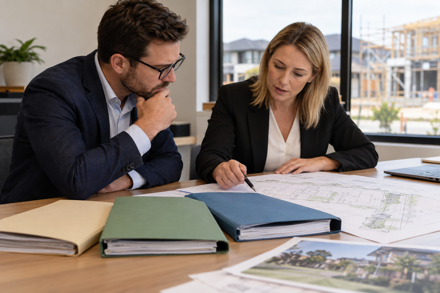 Buyer and adviser comparing property plans with several document folders