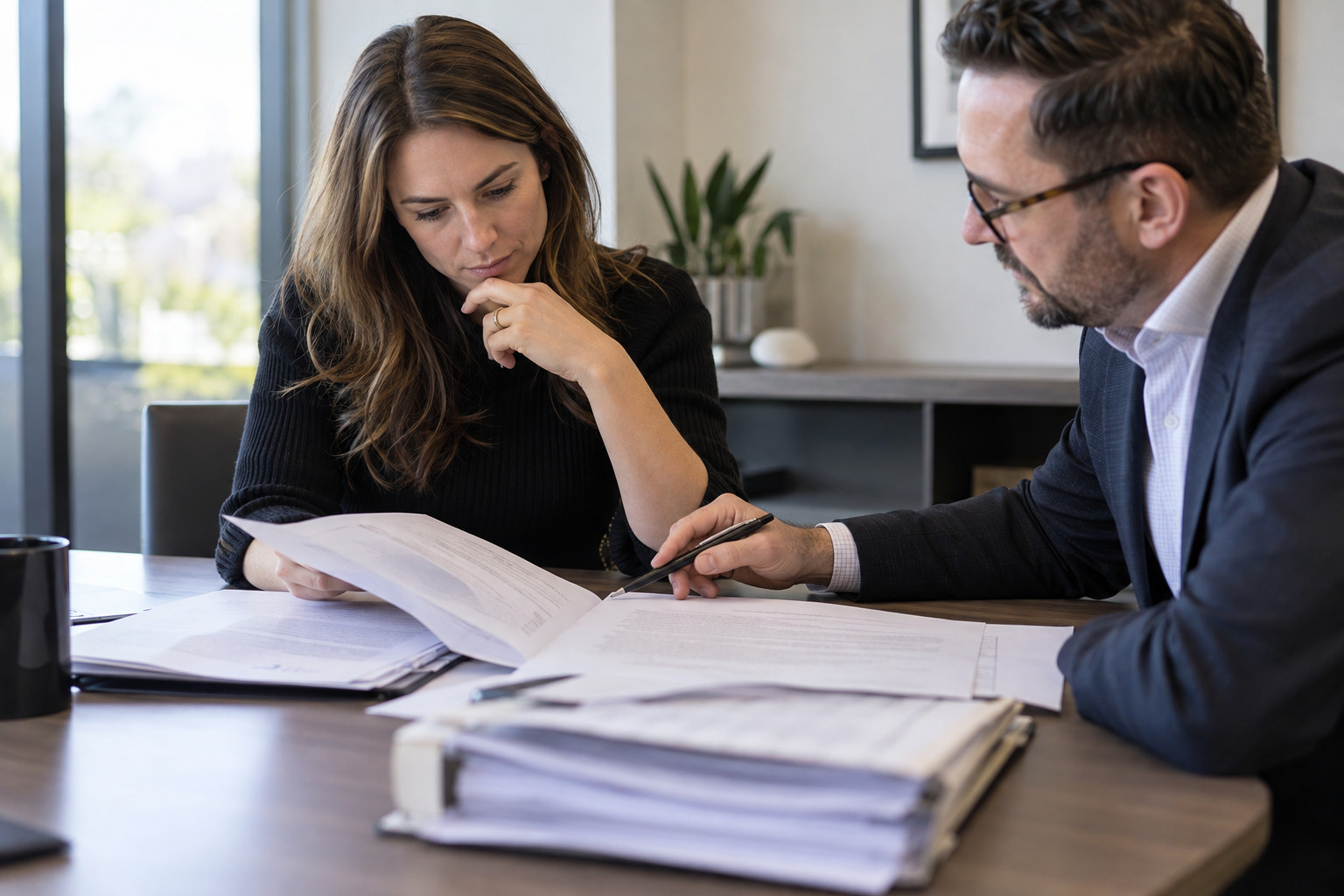 Buyer and adviser reading property documents before purchase