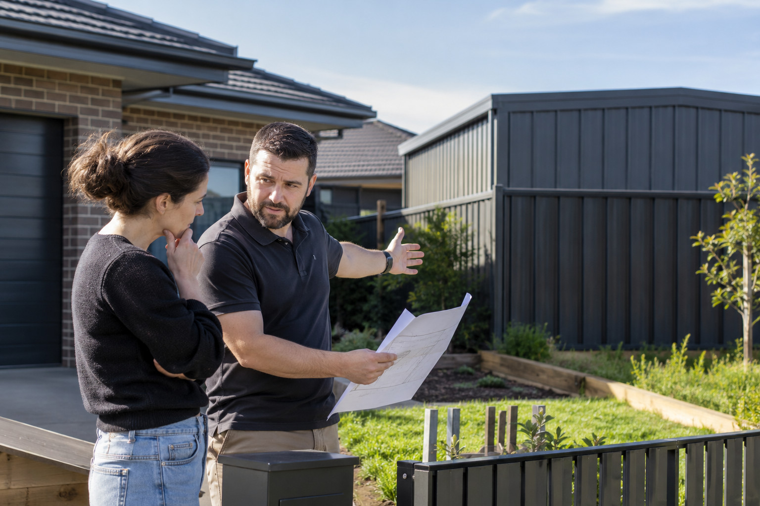 Two neighbours discussing an outbuilding and fence beside a house