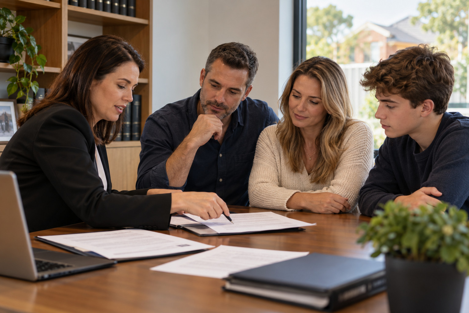 Family members discussing property documents with a conveyancer