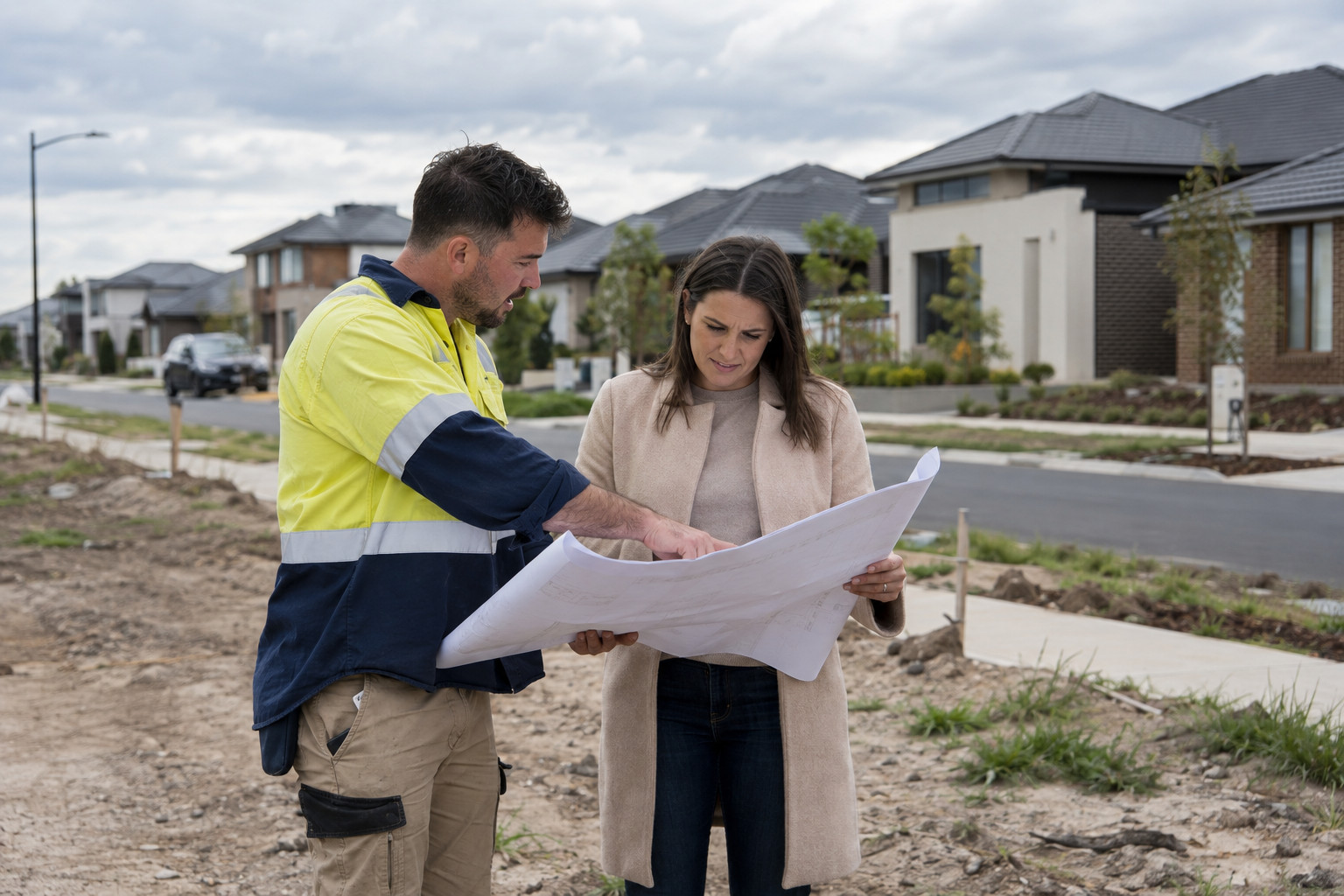 Builder and buyer checking house plans in a new suburban estate