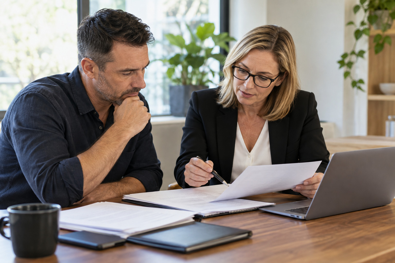 Company director reviewing purchaser paperwork with a conveyancer