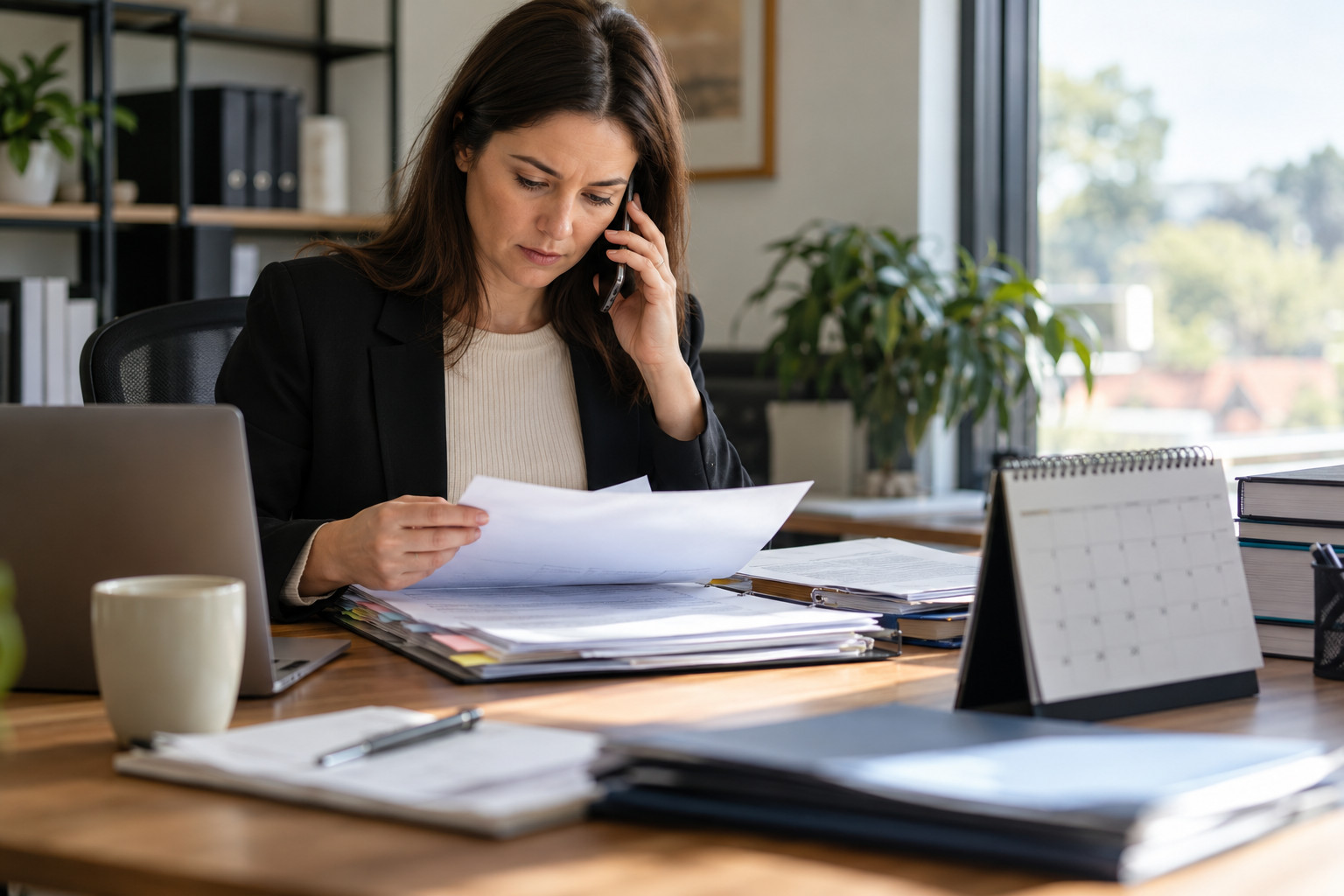 Conveyancer discussing a delayed settlement by phone while reviewing a file